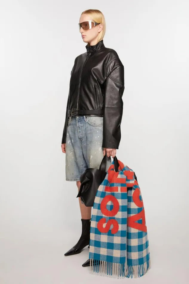Acne Studios Check Logo Scarf Turquoise Blueorange Men Scarves