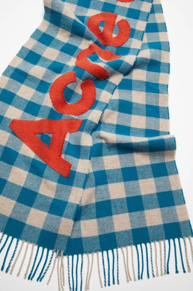 Acne Studios Check Logo Scarf Turquoise Blueorange Men Scarves