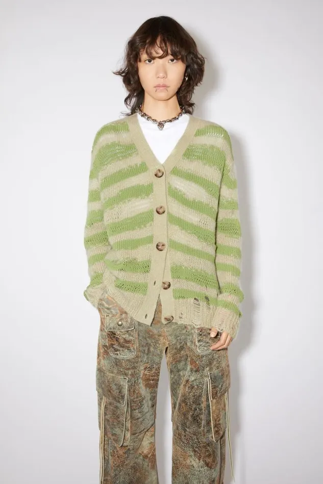 Acne Studios Distressed Stripe Cardigan Sage Greenapple Green Women Knitwear
