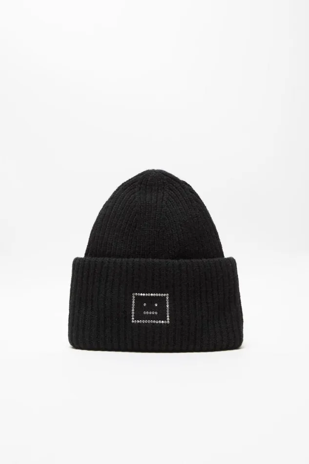 Acne Studios Embellished Face Logo Beanie Black Men Hats