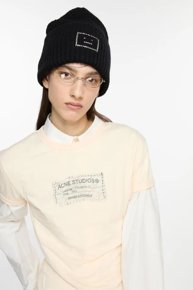 Acne Studios Embellished Face Logo Beanie Black Men Hats
