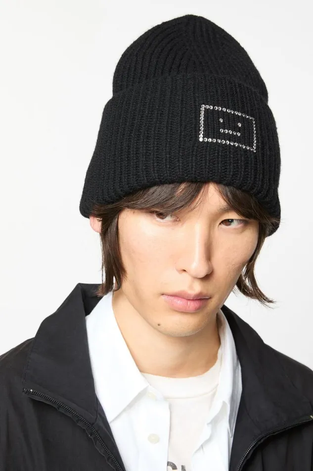 Acne Studios Embellished Face Logo Beanie Black Men Hats