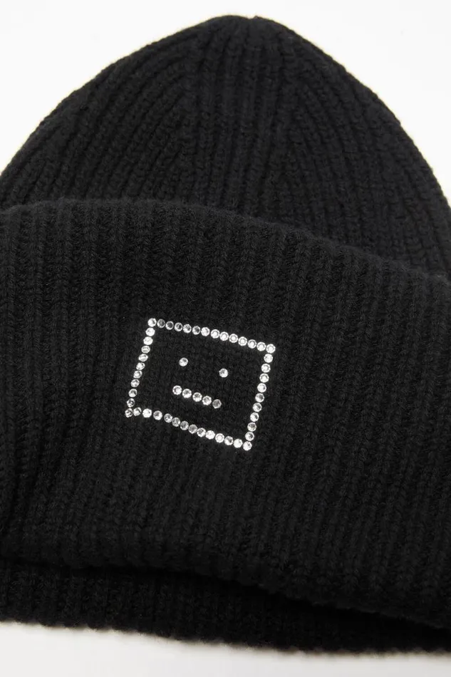 Acne Studios Embellished Face Logo Beanie Black Men Hats