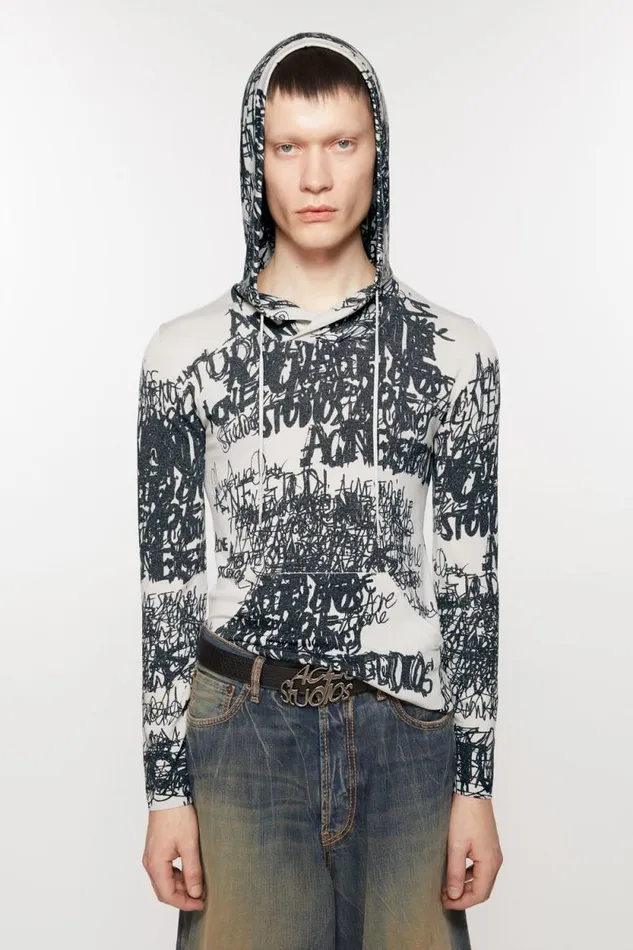 Acne Studios Hooded Printed Top Light Greyblack Men Sweatshirts