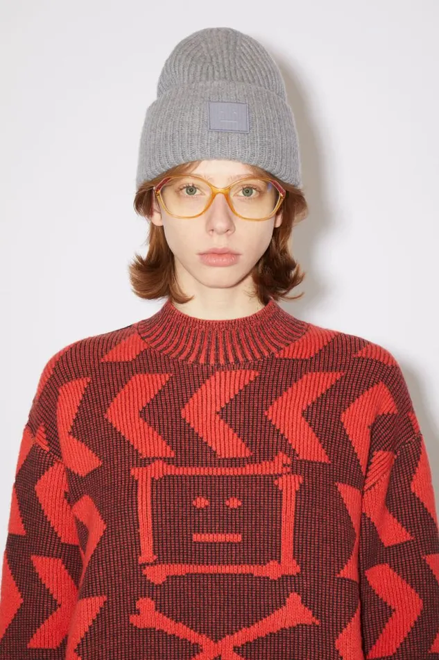 Acne Studios Large Face Logo Beanie Grey Melange Women Hats Acne Studios Large Face Logo Beanie Grey Melange Women Hats