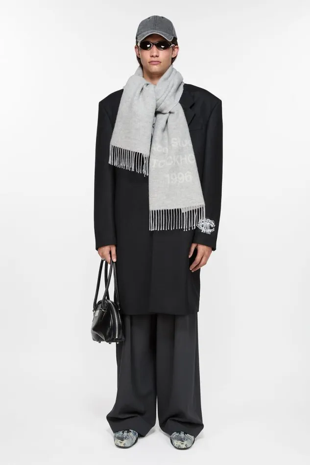 Acne Studios Logo Wool Scarf Light Grey Melange White Men Scarves