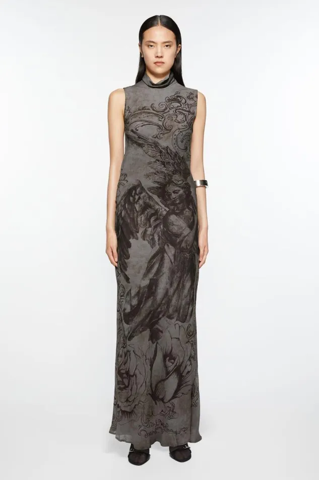 Acne Studios Printed Mesh Dress Mud Grey Women Dresses