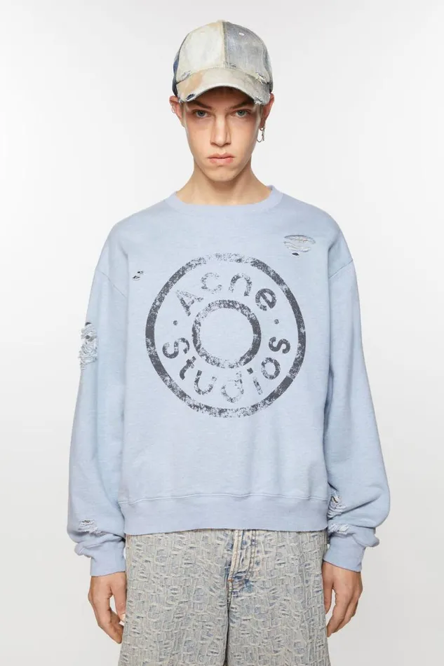 Acne Studios Sweater Logo Print Distressed Blue Melange Women Sweatshirts
