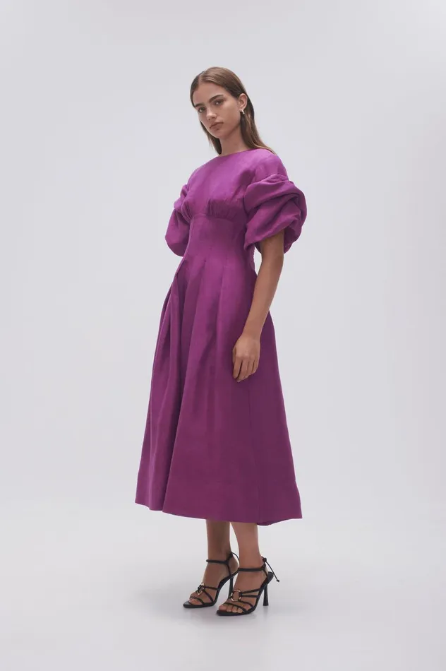 Adelie Puff Sleeve Midi Dress Plum Purple Women Aje Midi Dresses