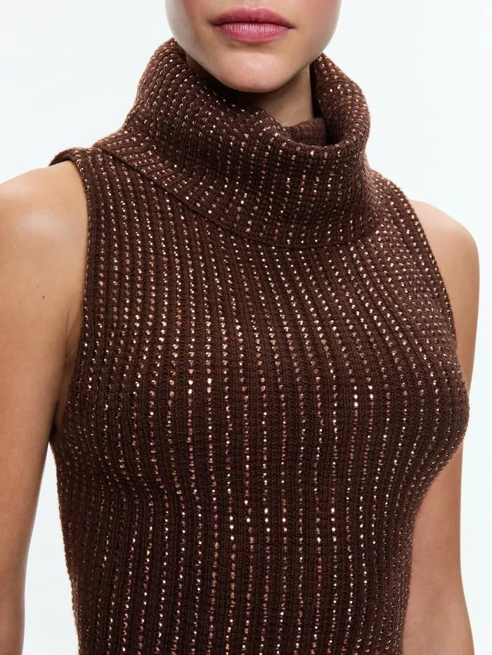 Alice Olivia ALMA SHELL WITH HEATSET STONES Espresso Women Sweaters
