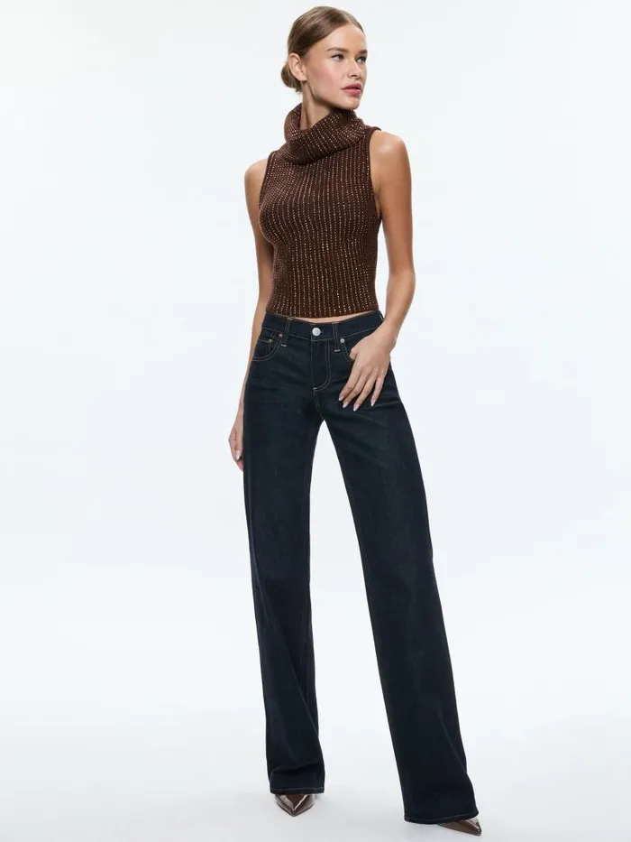Alice Olivia ALMA SHELL WITH HEATSET STONES Espresso Women Sweaters