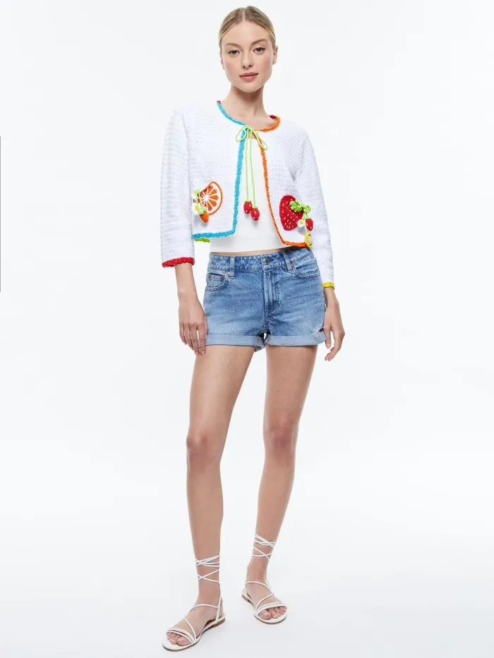 Alice Olivia ANDERSON TIE FRONT CARDIGAN Soft White Multi Women Sweaters