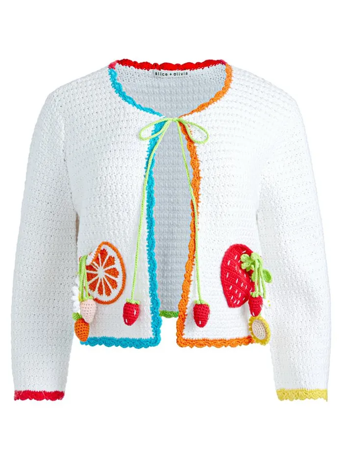 Alice Olivia ANDERSON TIE FRONT CARDIGAN Soft White Multi Women Sweaters