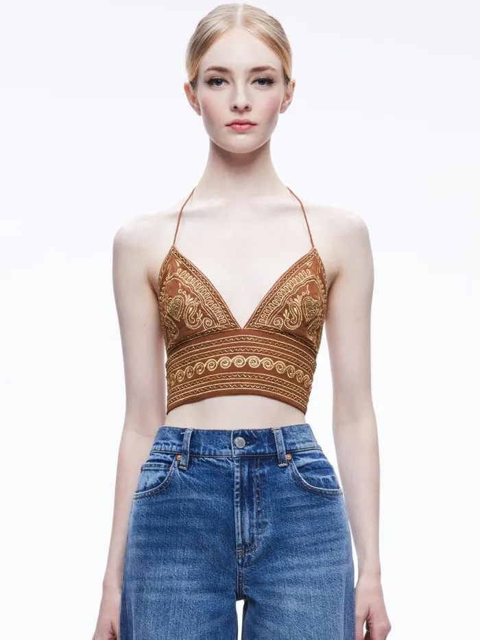 Alice Olivia CARLI EMBROIDERED TIE NECK BRA TOP Camelgold Women Tops