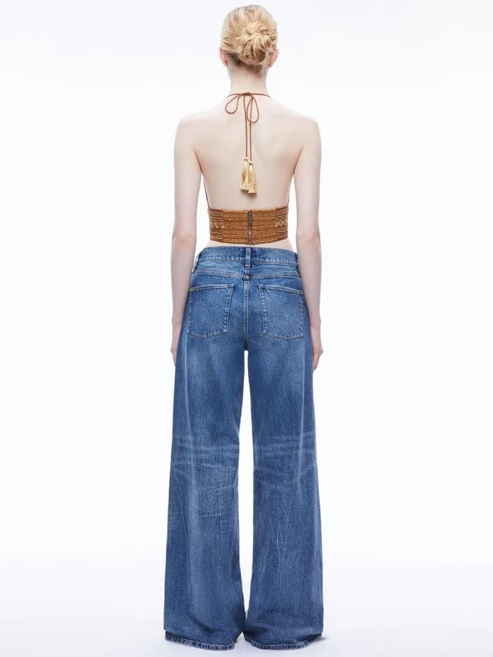Alice Olivia CARLI EMBROIDERED TIE NECK BRA TOP Camelgold Women Tops