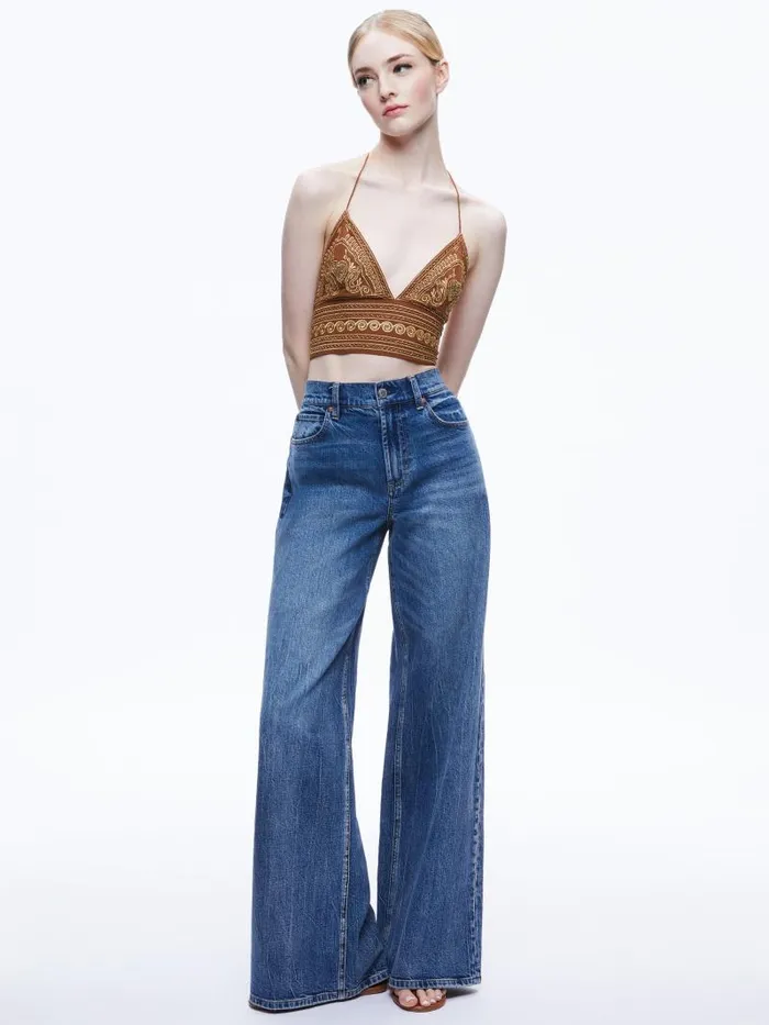 Alice Olivia CARLI EMBROIDERED TIE NECK BRA TOP Camelgold Women Tops
