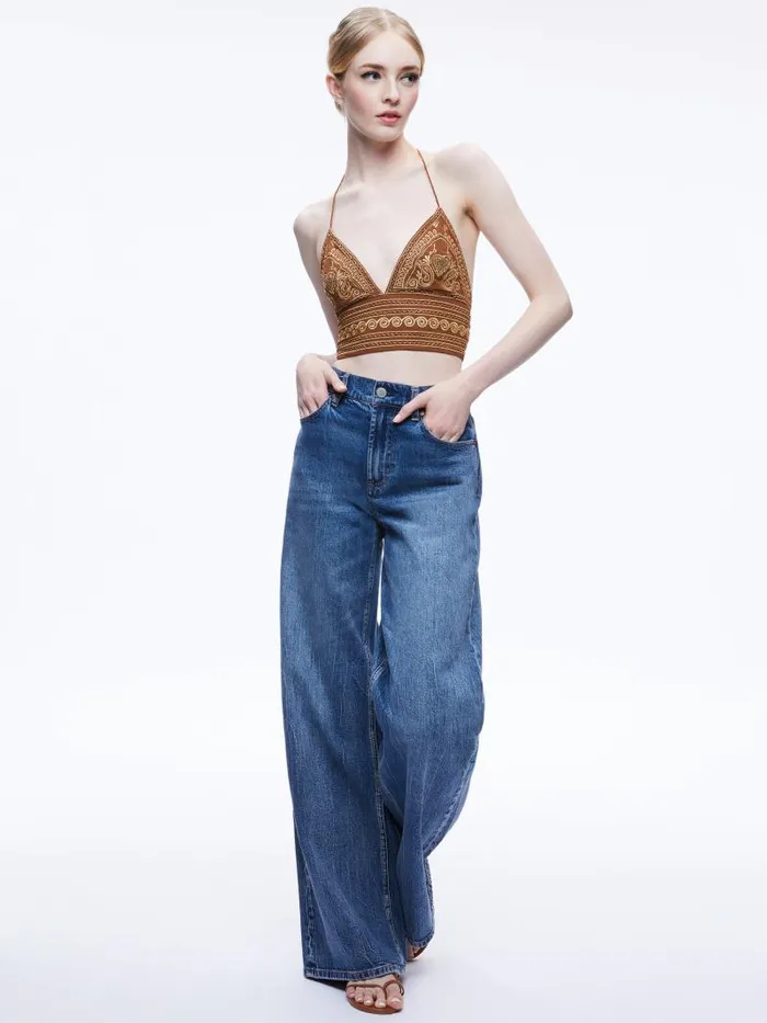 Alice Olivia CARLI EMBROIDERED TIE NECK BRA TOP Camelgold Women Tops
