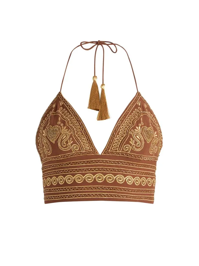 Alice Olivia CARLI EMBROIDERED TIE NECK BRA TOP Camelgold Women Tops