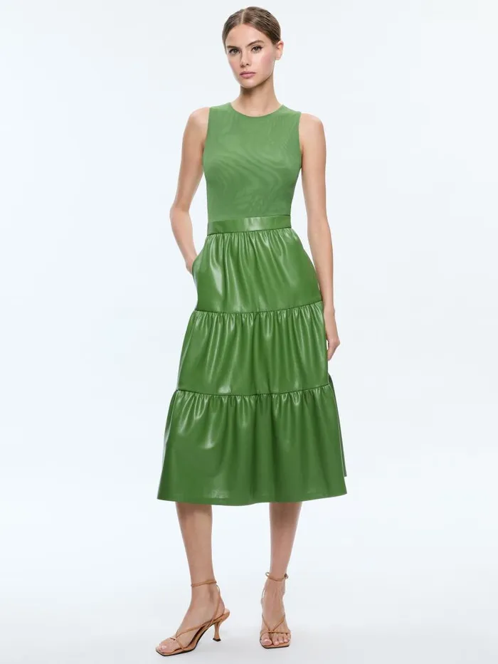 Alice Olivia CHARA VEGAN LEATHER SLEEVELESS TIERED MIDI DRESS Avocado Women Dresses