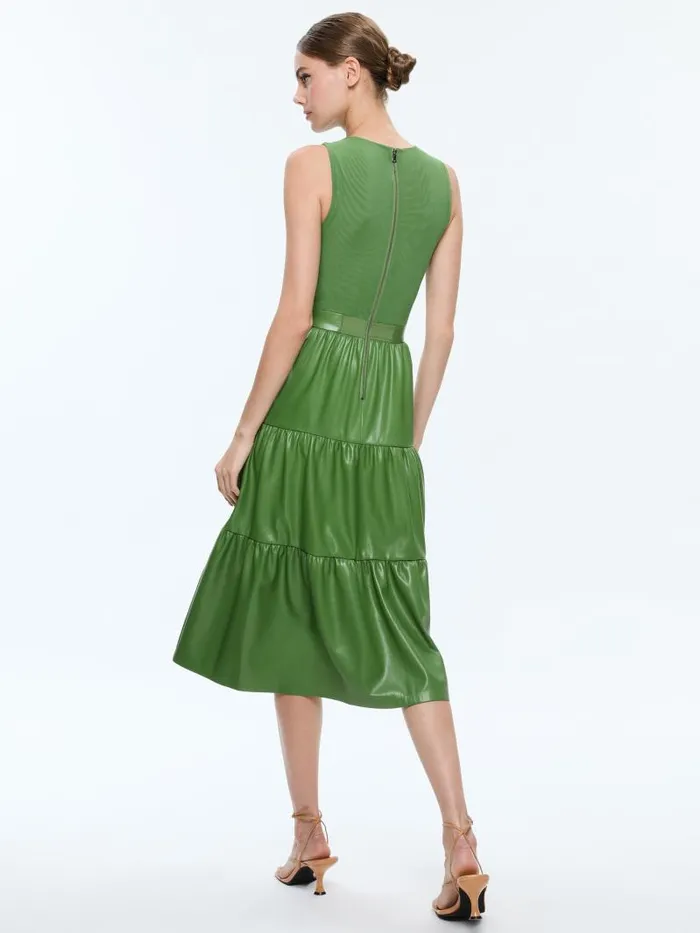 Alice Olivia CHARA VEGAN LEATHER SLEEVELESS TIERED MIDI DRESS Avocado Women Dresses