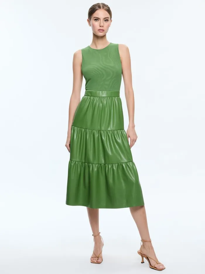 Alice Olivia CHARA VEGAN LEATHER SLEEVELESS TIERED MIDI DRESS Avocado Women Dresses