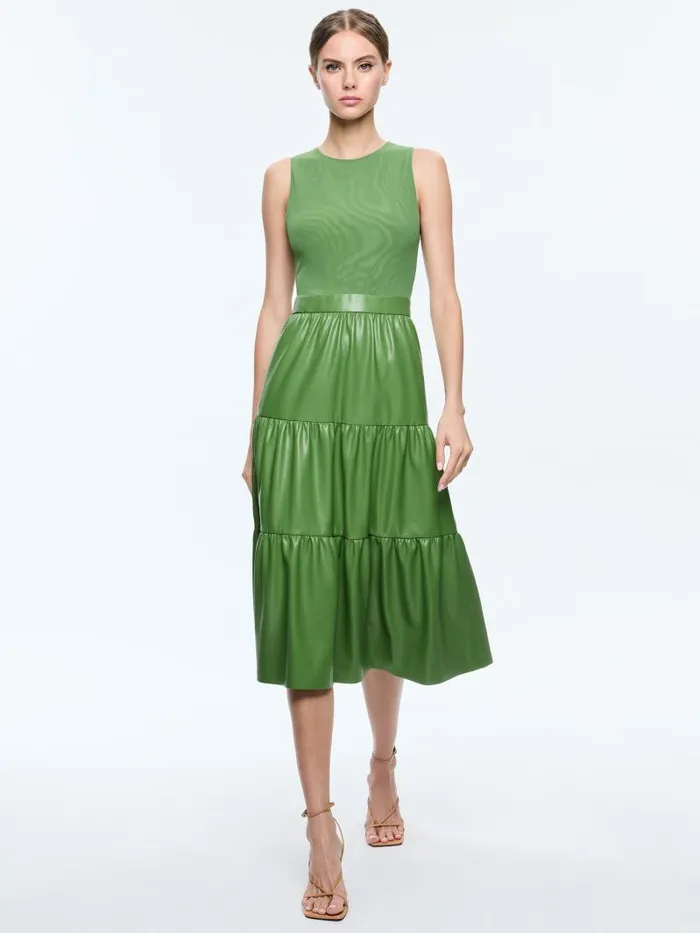 Alice Olivia CHARA VEGAN LEATHER SLEEVELESS TIERED MIDI DRESS Avocado Women Dresses