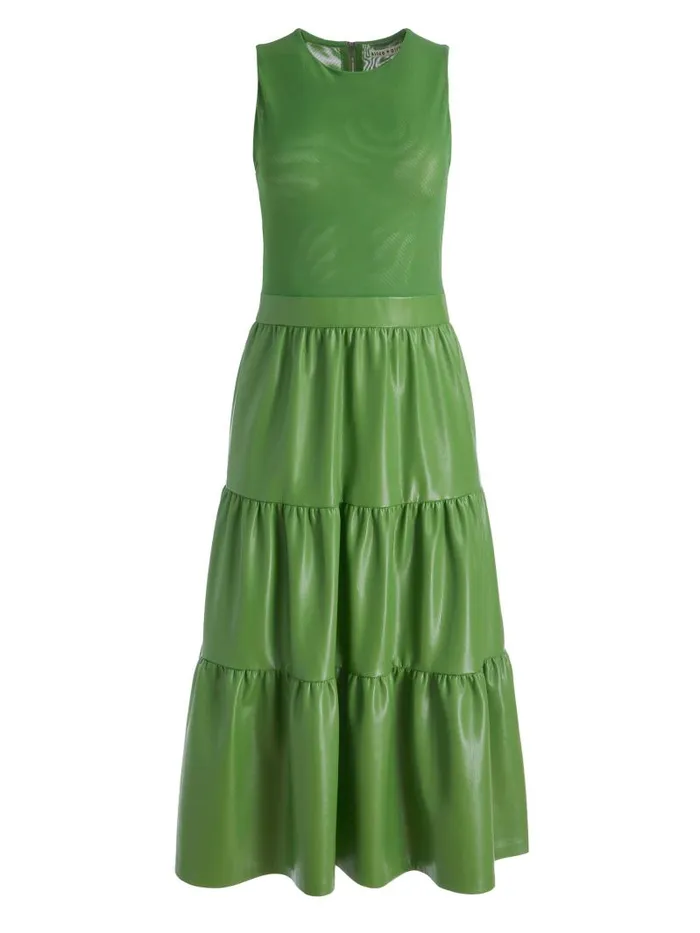 Alice Olivia CHARA VEGAN LEATHER SLEEVELESS TIERED MIDI DRESS Avocado Women Dresses