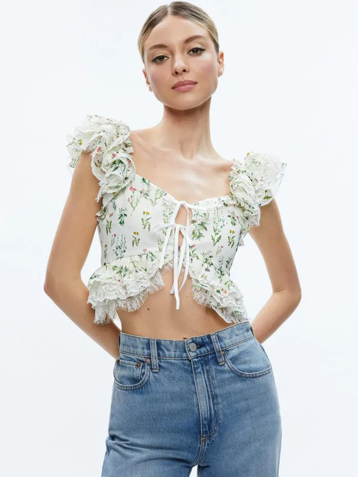 Alice Olivia CHARLINE RUFFLE CROPPED TOP Georgia Floral Women Tops