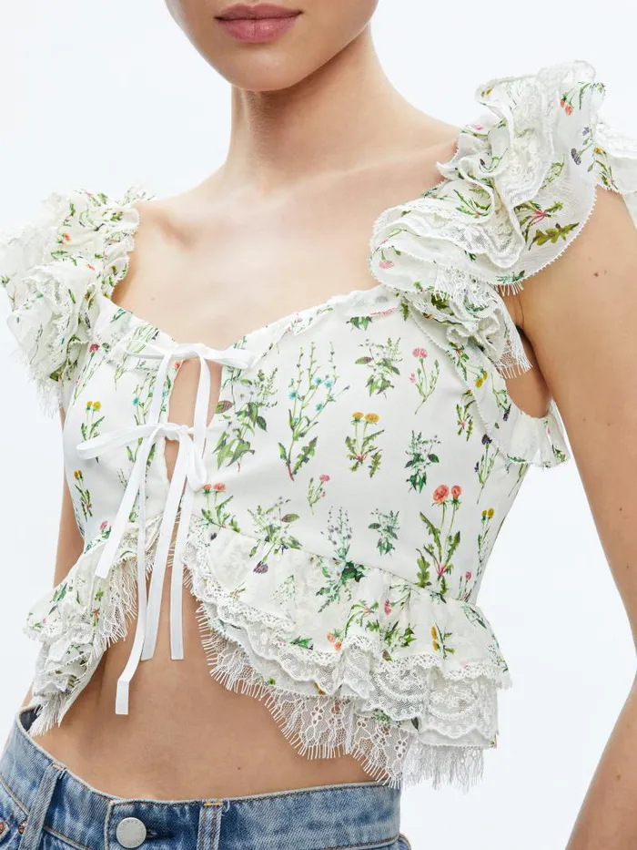 Alice Olivia CHARLINE RUFFLE CROPPED TOP Georgia Floral Women Tops
