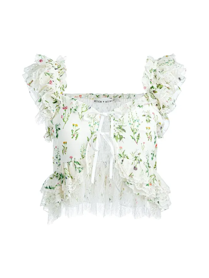 Alice Olivia CHARLINE RUFFLE CROPPED TOP Georgia Floral Women Tops