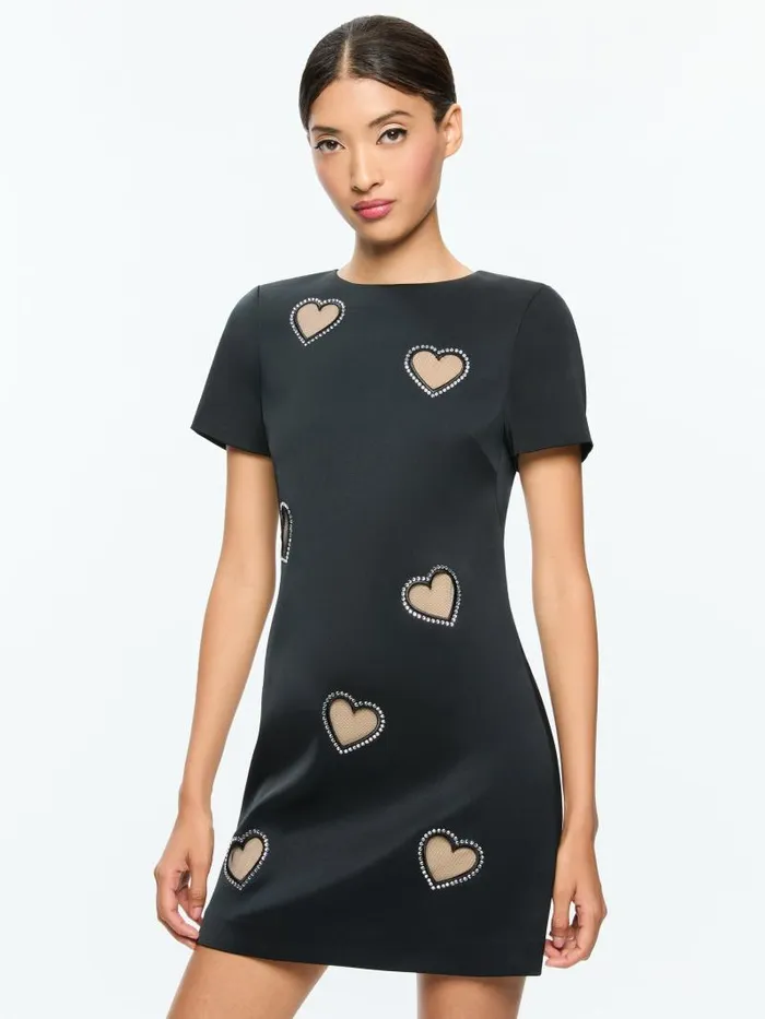 Alice Olivia CLYDE EMBELLISHED CAP SLEEVE SHIFT DRESS Black Women Dresses