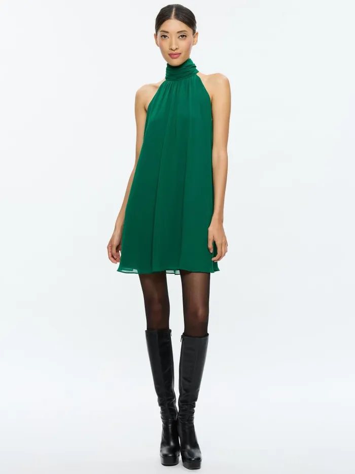 Alice Olivia CORINE HALTER TIE NECK TRAPEZE MINI DRESS Forest Green Women Dresses