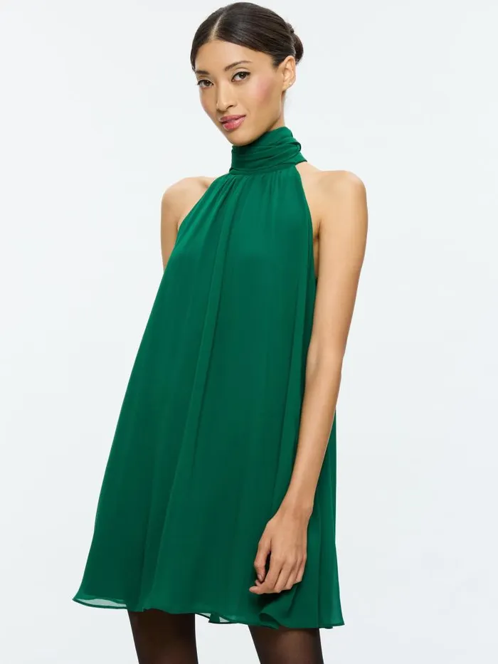 Alice Olivia CORINE HALTER TIE NECK TRAPEZE MINI DRESS Forest Green Women Dresses