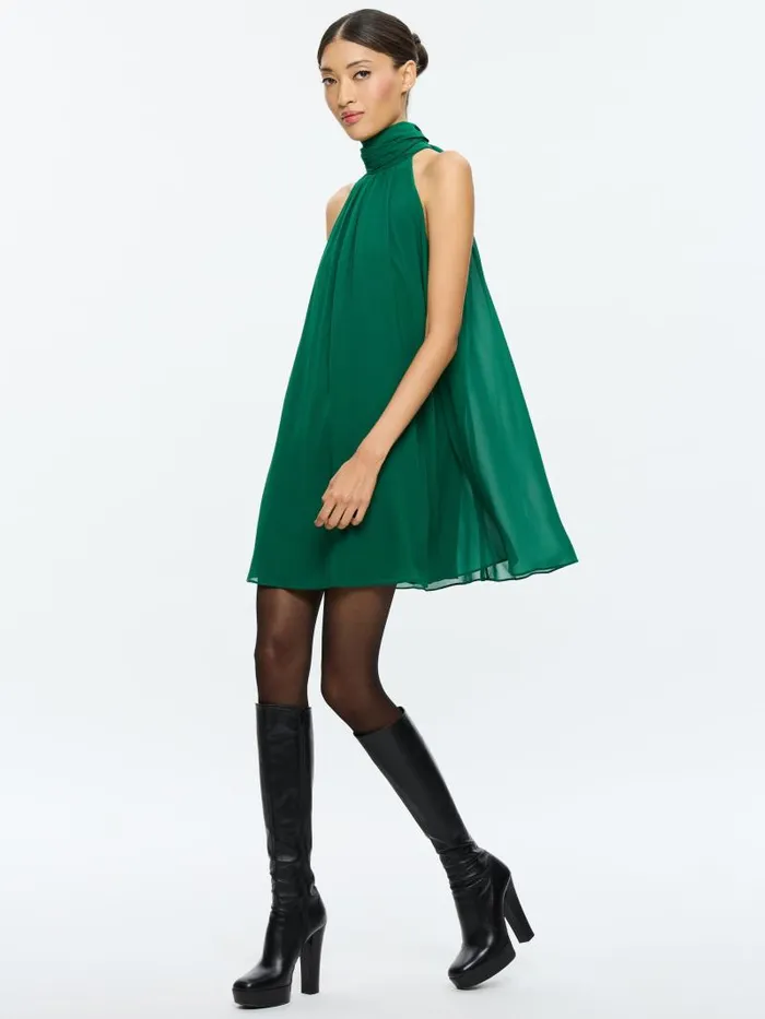 Alice Olivia CORINE HALTER TIE NECK TRAPEZE MINI DRESS Forest Green Women Dresses