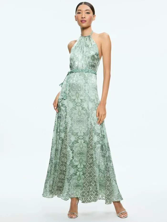 Alice Olivia DANIKA HALTER MAXI DRESS WITH BELT Vanity Pistachio Women Dresses