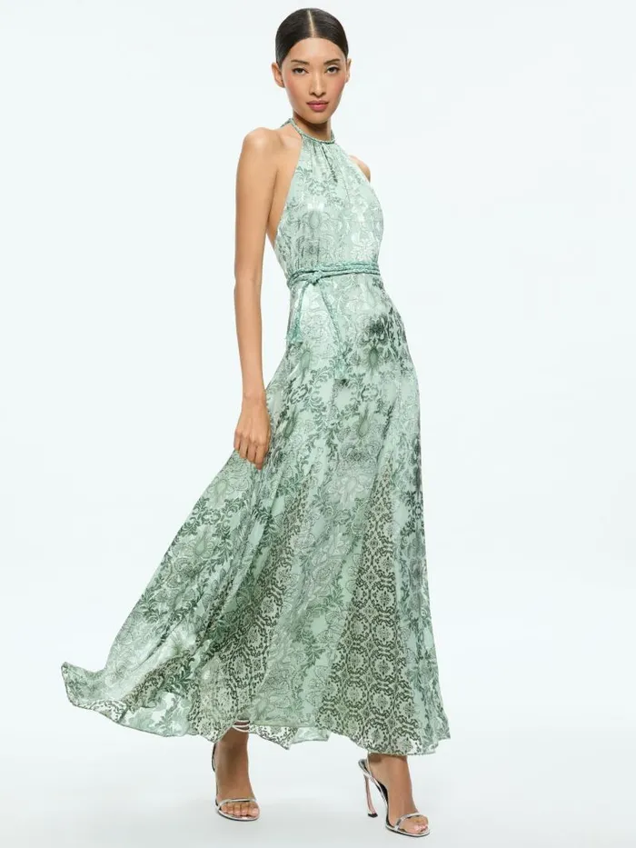 Alice Olivia DANIKA HALTER MAXI DRESS WITH BELT Vanity Pistachio Women Dresses