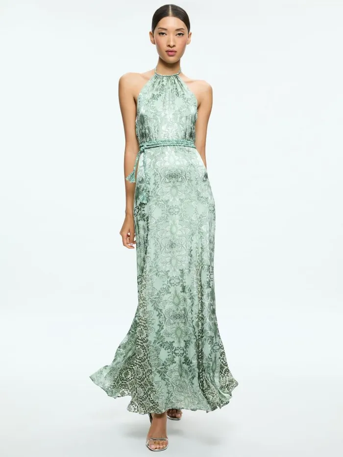 Alice Olivia DANIKA HALTER MAXI DRESS WITH BELT Vanity Pistachio Women Dresses