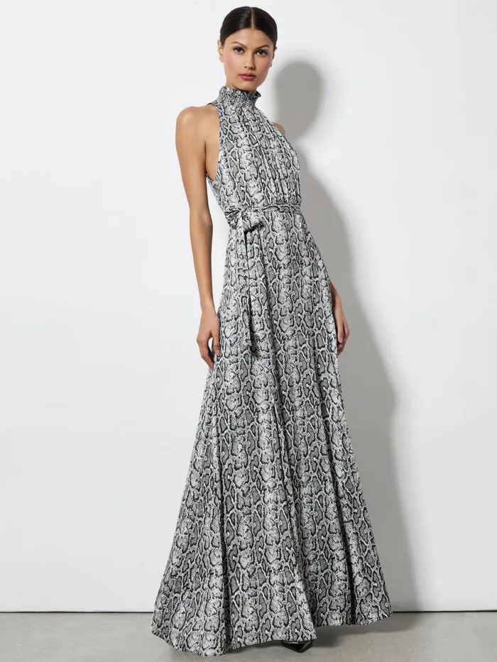 Alice Olivia DITA SMOCKED NECK GODET MAXI DRESS Floral Dreams Women Dresses