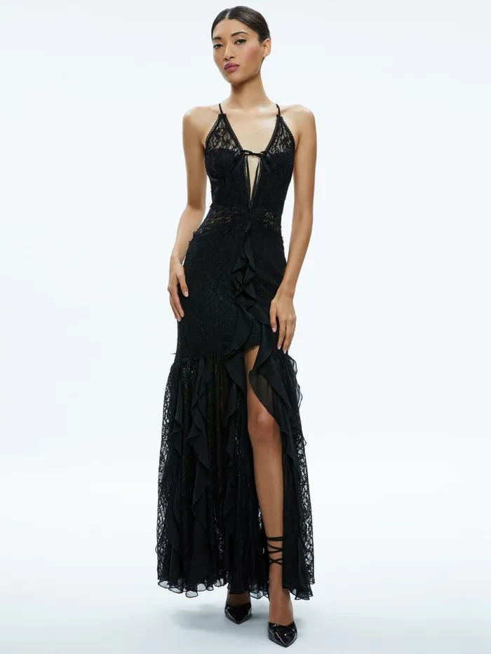 Alice Olivia EDERA RUFFLE LACE MAXI GOWN Black Women Dresses
