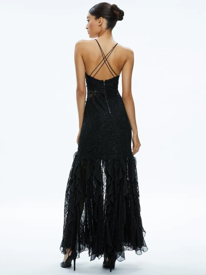 Alice Olivia EDERA RUFFLE LACE MAXI GOWN Black Women Dresses