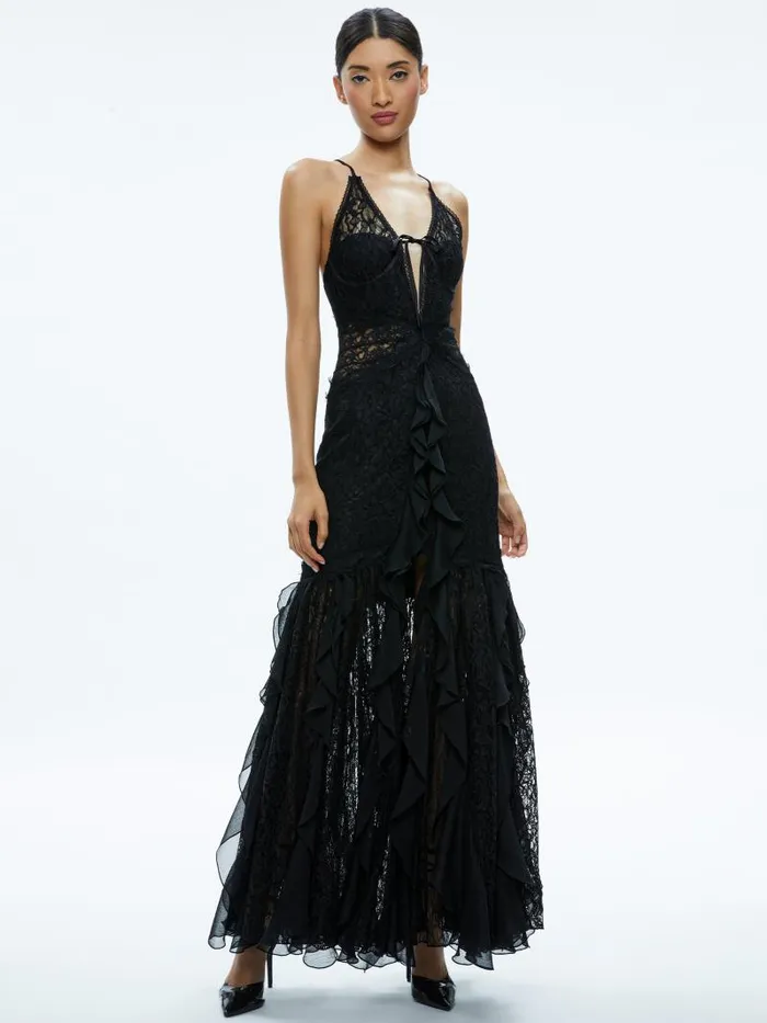 Alice Olivia EDERA RUFFLE LACE MAXI GOWN Black Women Dresses