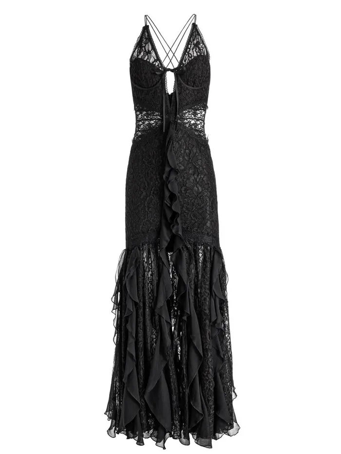 Alice Olivia EDERA RUFFLE LACE MAXI GOWN Black Women Dresses