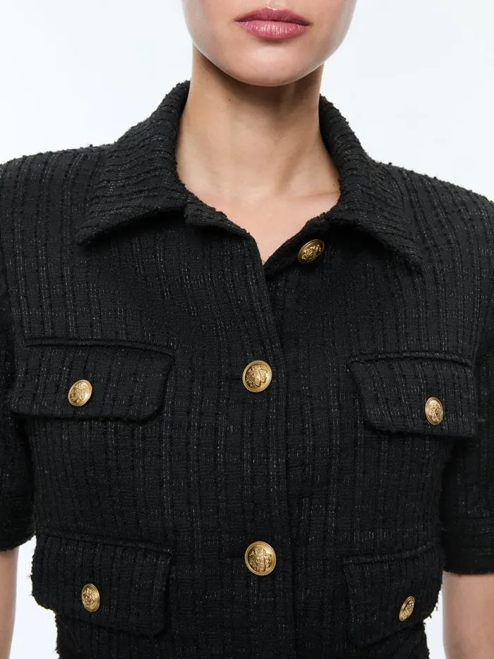 Alice Olivia ELLE SHORT SLEEVE PATCH POCKET JACKET Black Women Jackets Coats