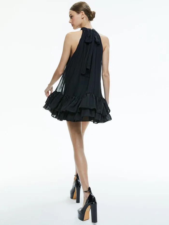 Alice Olivia ERNA TIE BACK HALTER NECK TIERED DRESS Black Women Dresses
