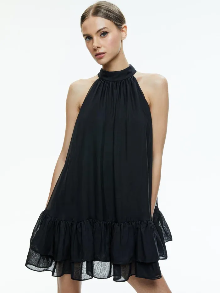 Alice Olivia ERNA TIE BACK HALTER NECK TIERED DRESS Black Women Dresses