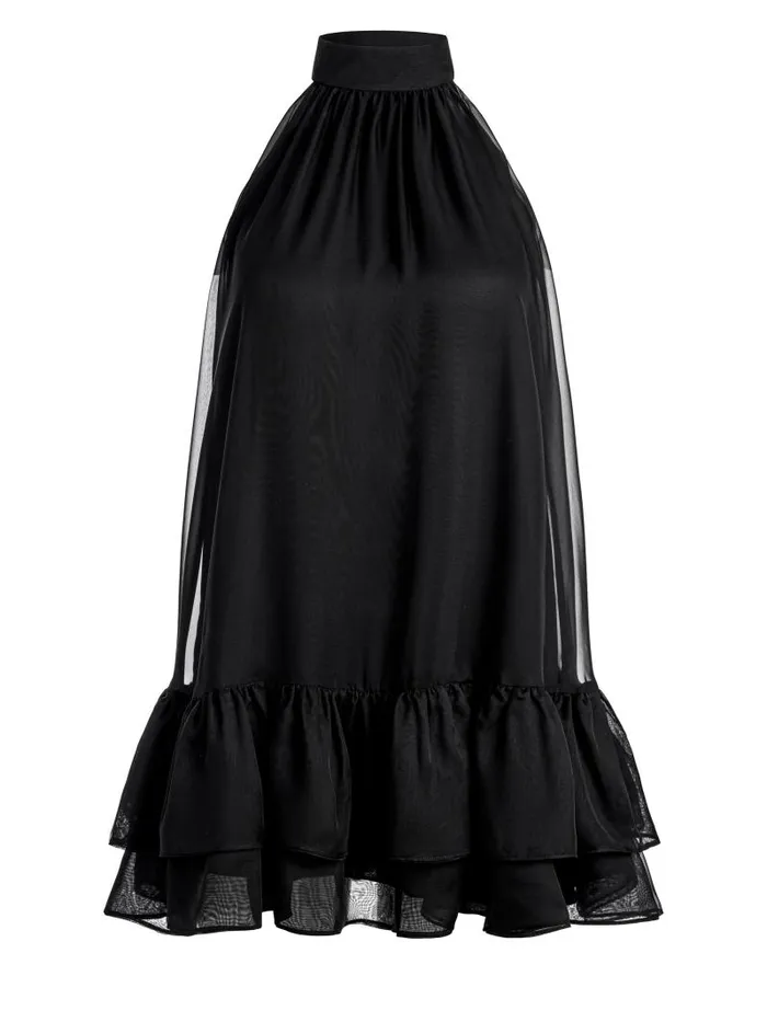 Alice Olivia ERNA TIE BACK HALTER NECK TIERED DRESS Black Women Dresses