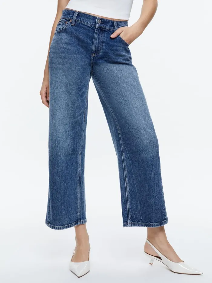 Alice Olivia ERNIE CROPPED LOW RISE BUCKLE BACK BAGGY JEAN Brooklyn Blue Women Jeans