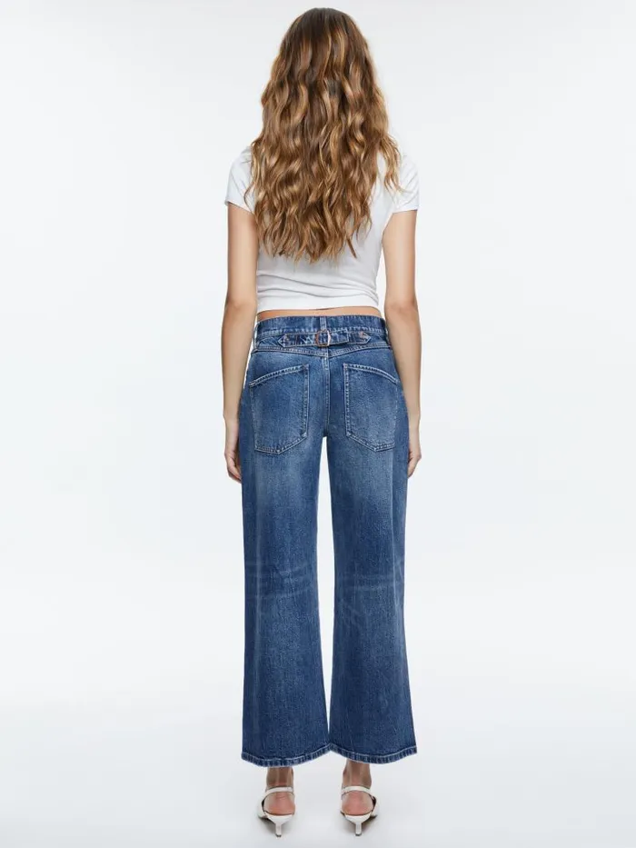 Alice Olivia ERNIE CROPPED LOW RISE BUCKLE BACK BAGGY JEAN Brooklyn Blue Women Jeans