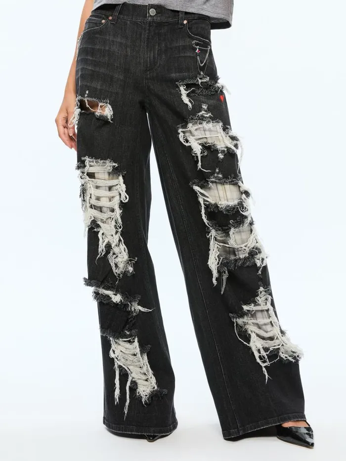 Alice Olivia HARPER MID RISE SUPER BAGGY DISTRESSED JEAN Maya Charcoal Black Women Pants