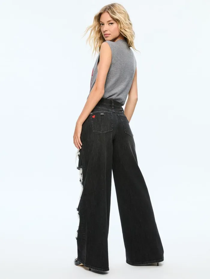 Alice Olivia HARPER MID RISE SUPER BAGGY DISTRESSED JEAN Maya Charcoal Black Women Pants